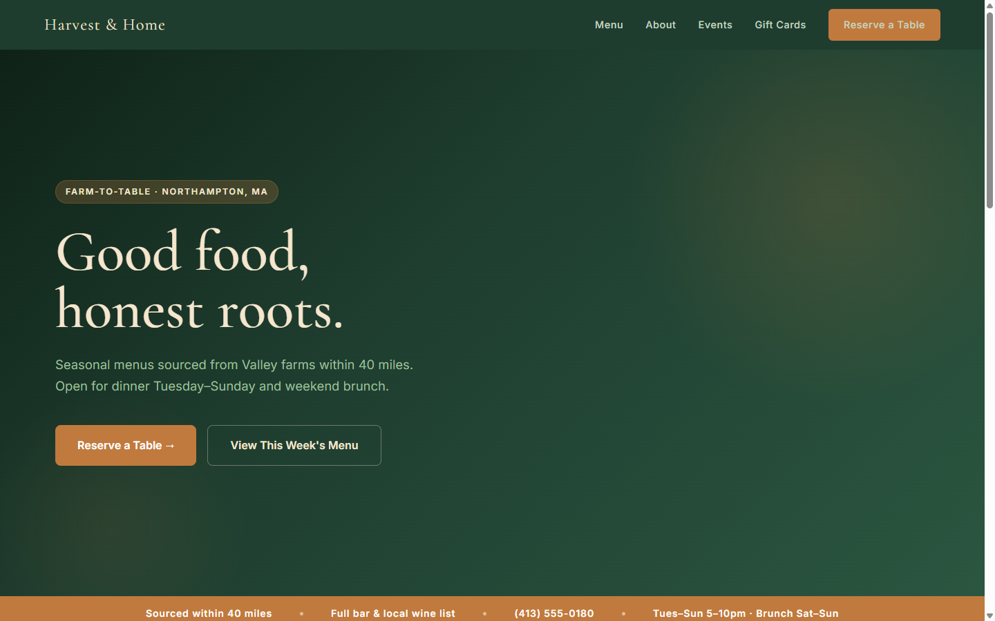 Harvest & Home — a warm farm-to-table restaurant website with a reservation button